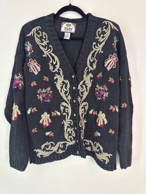 Tiara International Womens Black Knit Cardigan With Embroidered Festive Floral